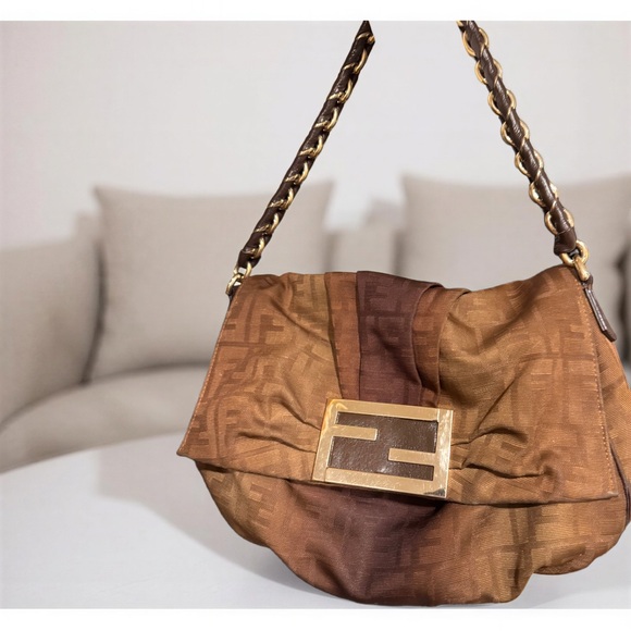 Fendi Handbags - Fendi Baggette Designer Brown Logo Shoulder Bag with Gold Buckle